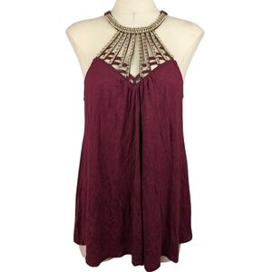 Crave Fame Juniors' Embellished Cage Front Tank Top Burgundy Red Size M